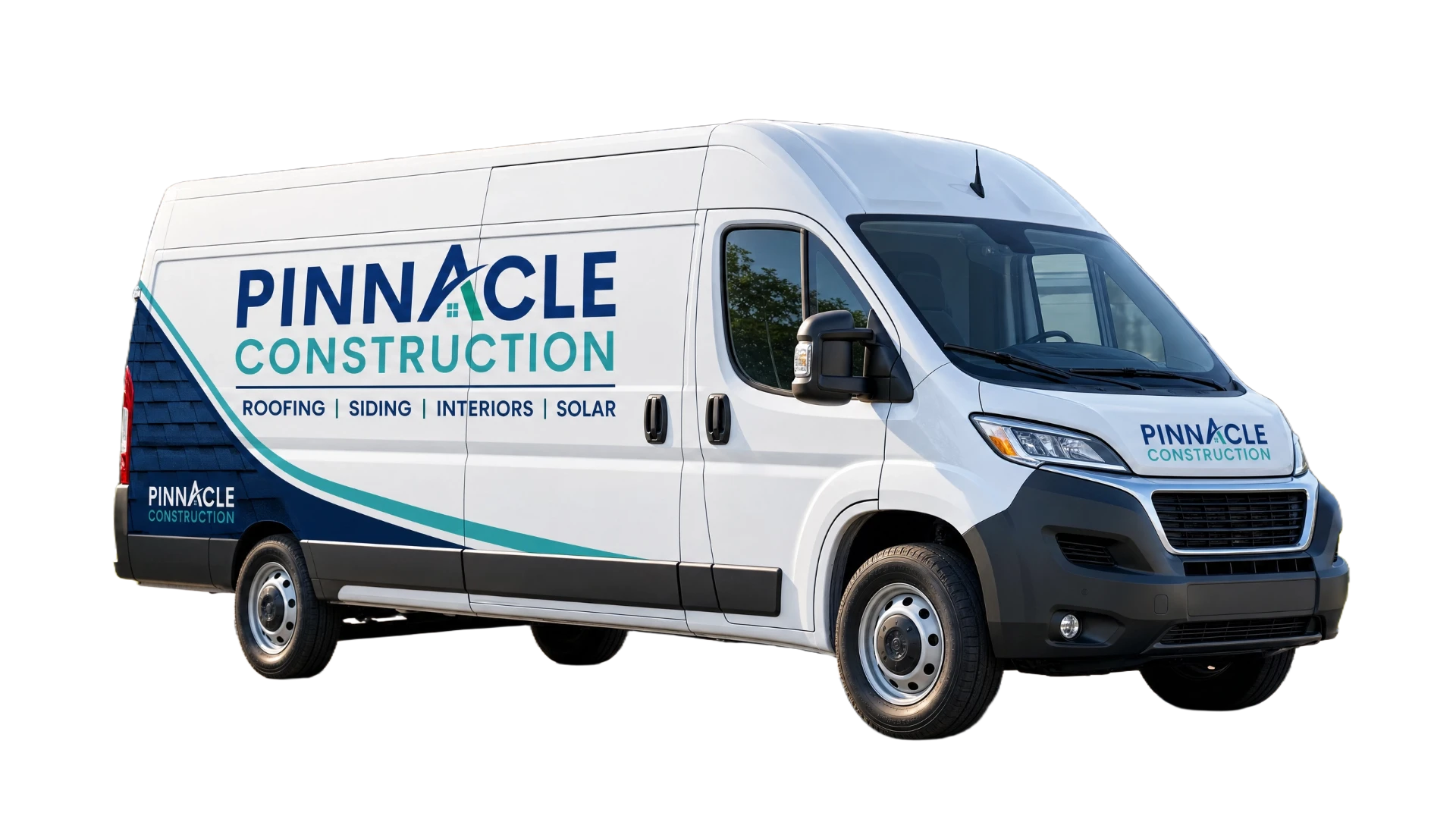 Pinnacle Construction service van with roofing, siding, interiors and solar branding