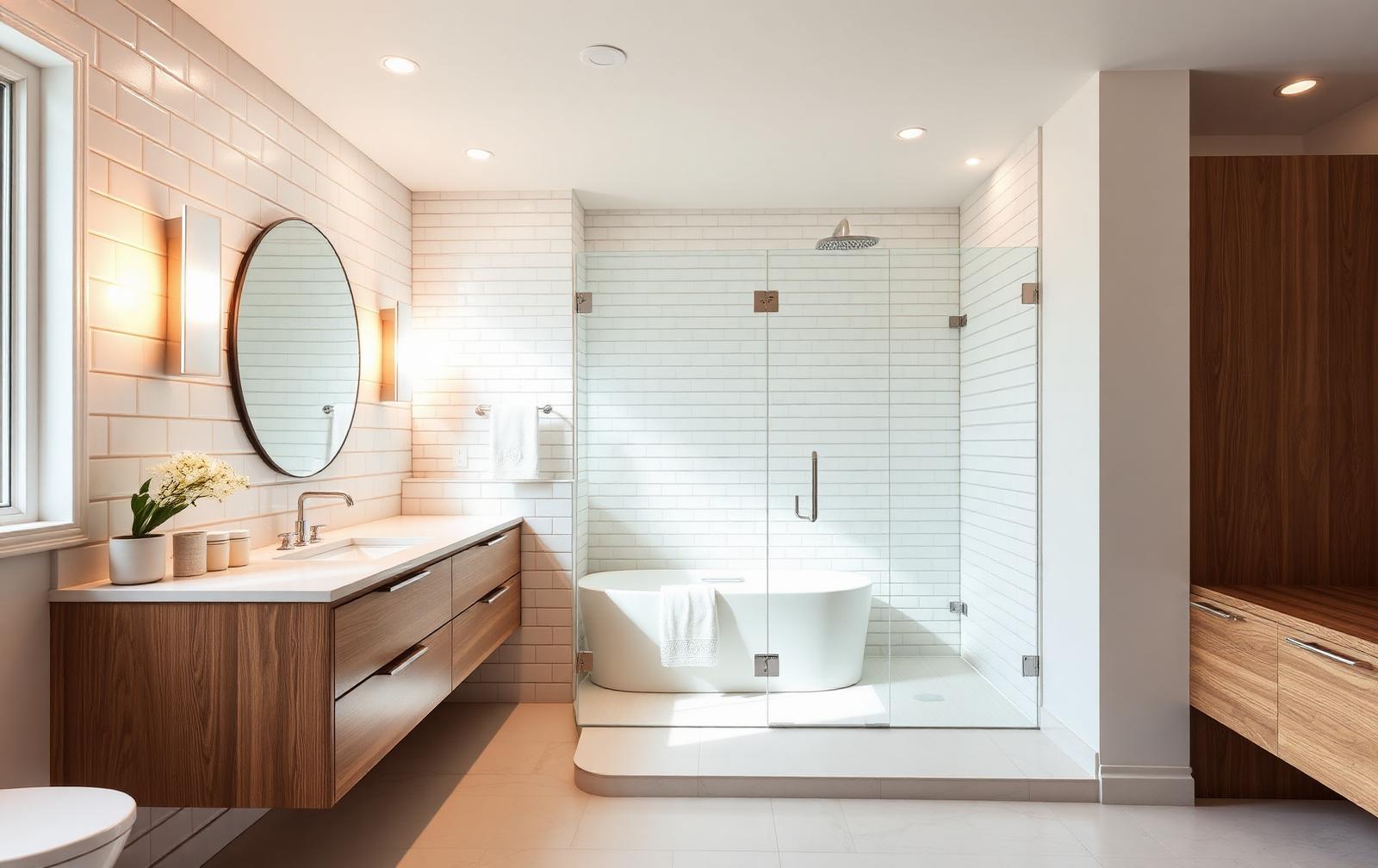 Remodeled modern bathroom with walk-in glass shower and floating wood vanity