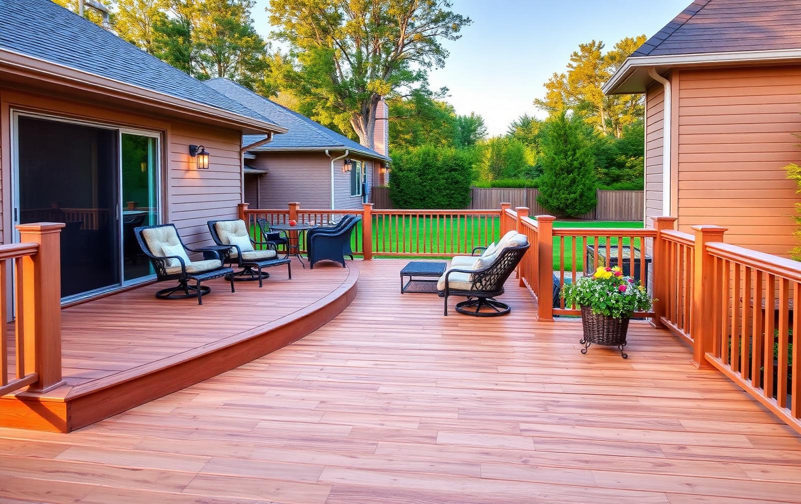 Finished backyard deck with railing and outdoor furniture at golden hour