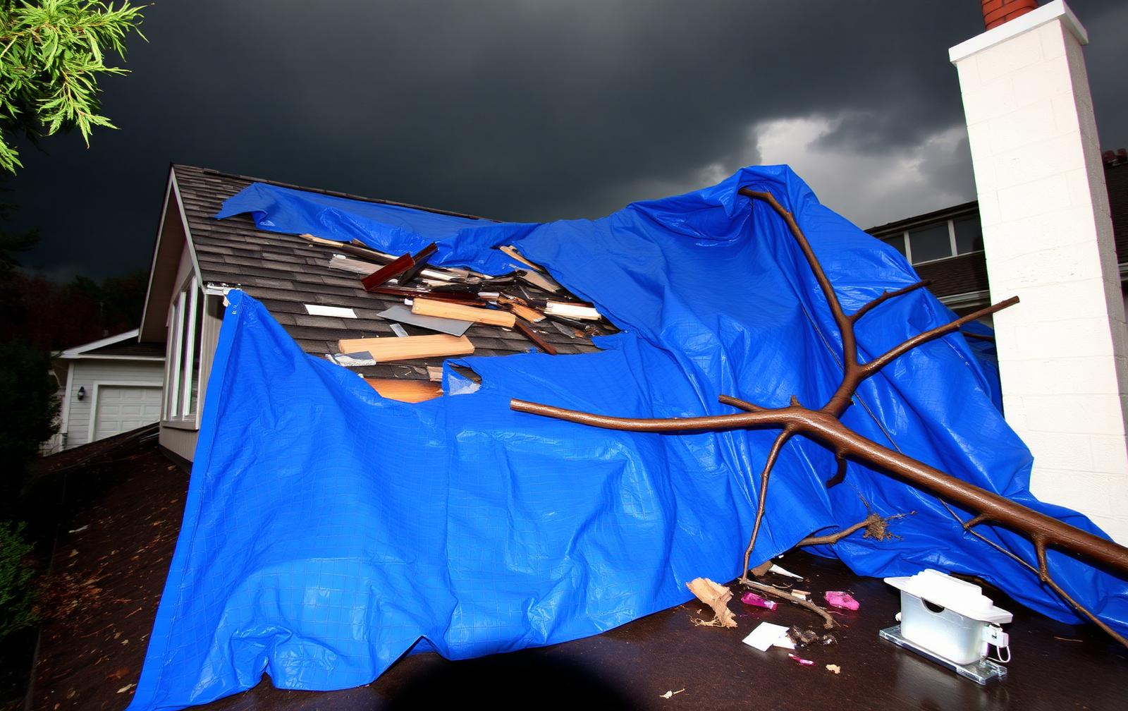 Storm-damaged residential roof covered with an emergency tarp under dark clouds