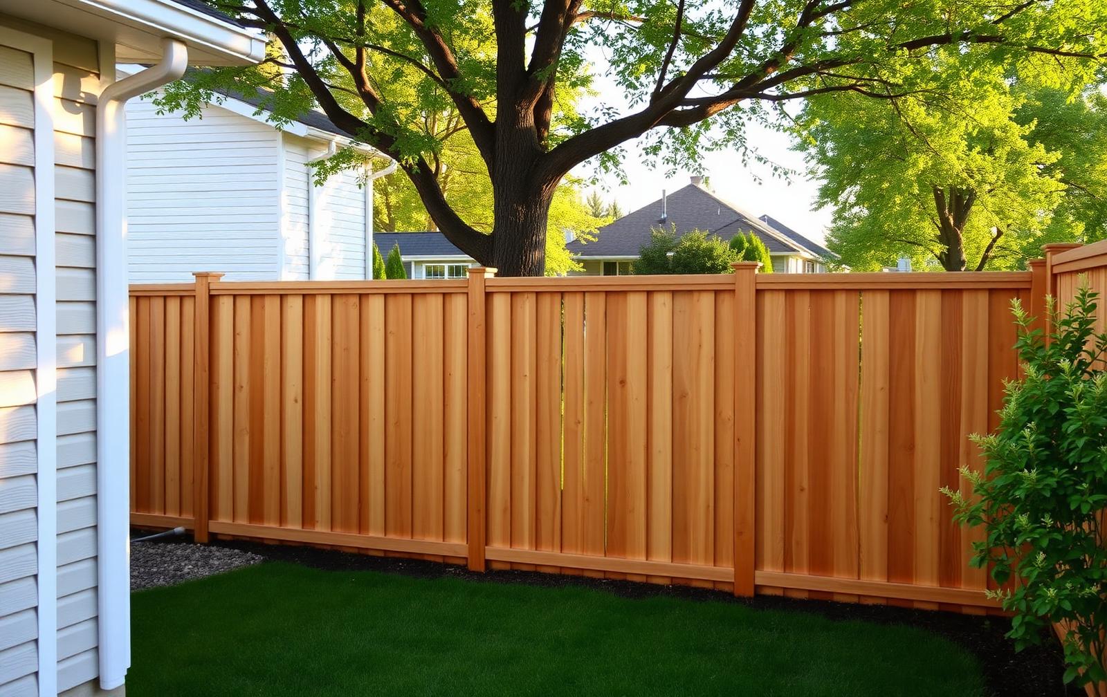 Newly installed cedar wood privacy fence in a well-kept backyard