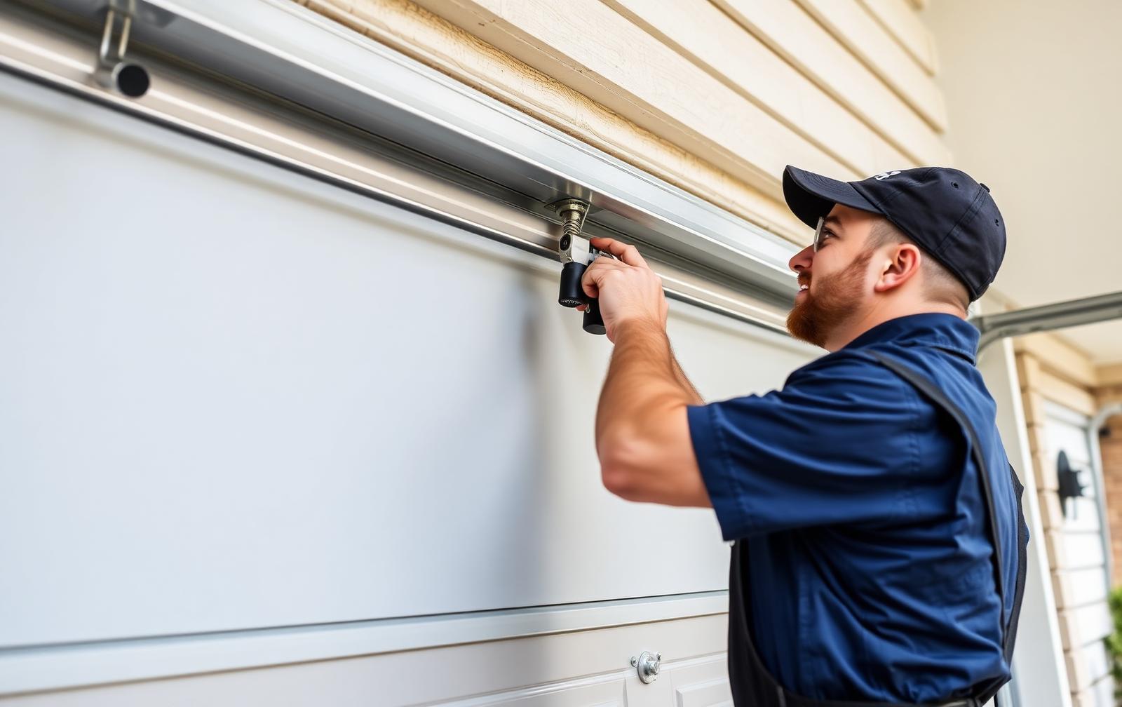 Technician repairing a residential garage door opener and track
