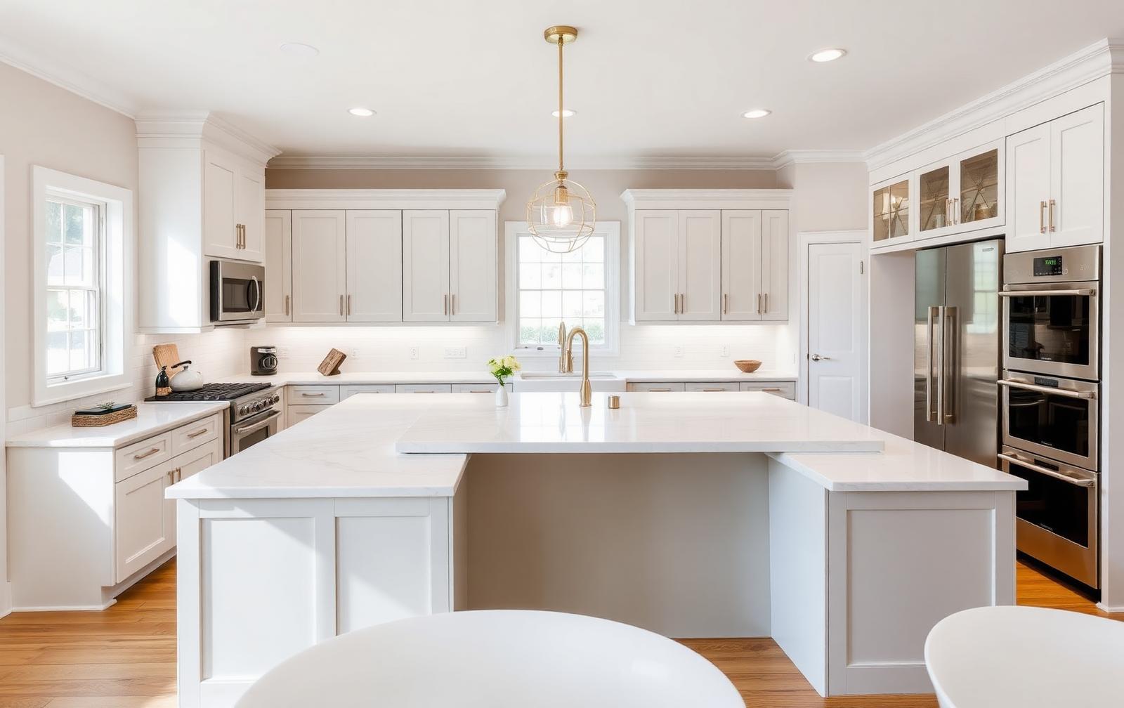 Remodeled modern kitchen with white quartz island and shaker cabinets