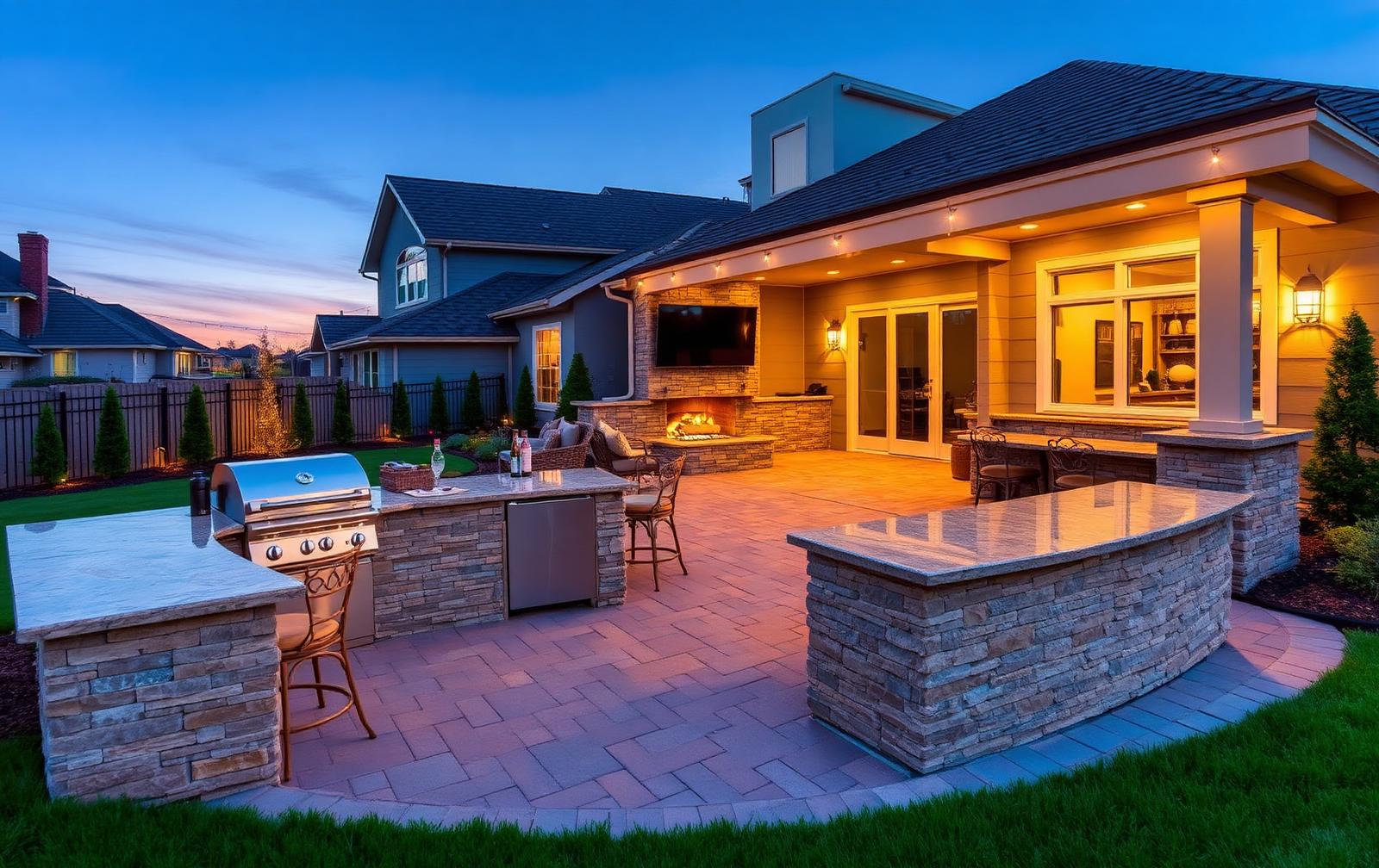 Custom outdoor kitchen and paver patio with built-in grill and fire feature at dusk