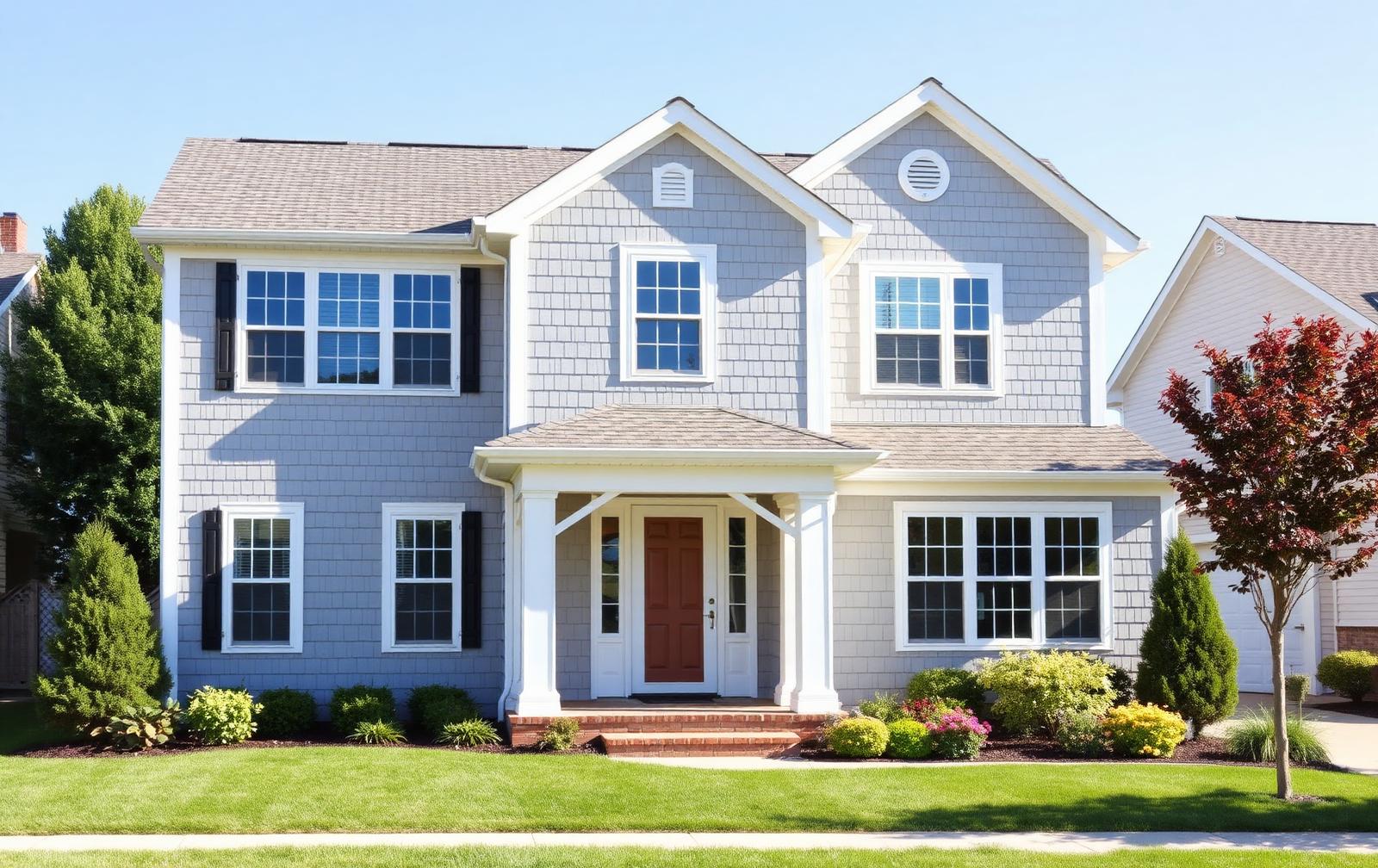 Home with newly installed light gray siding and white trim