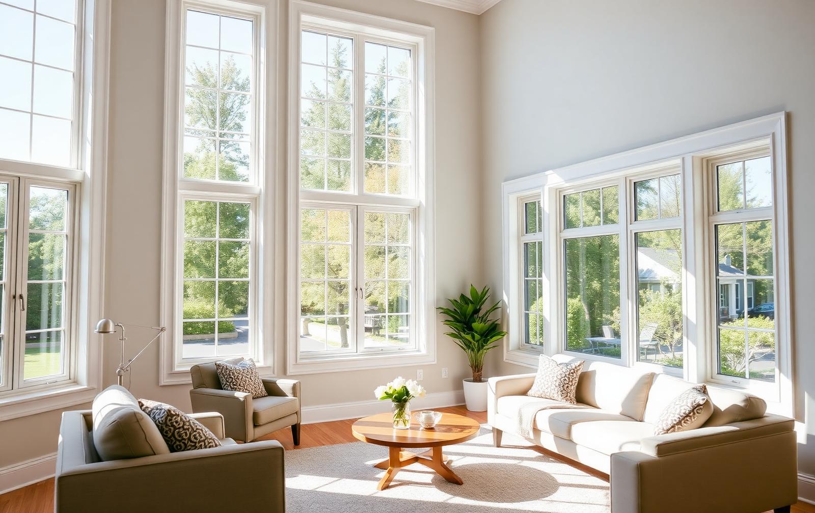 Bright living room with newly installed energy-efficient windows