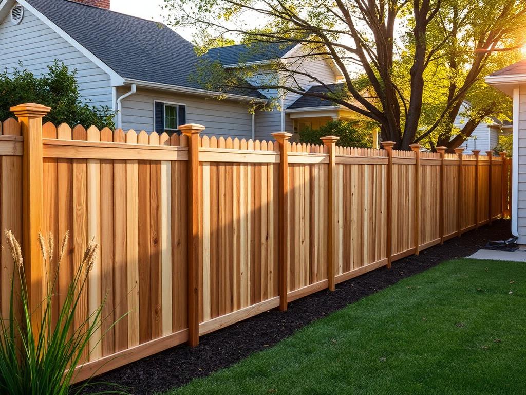 Completed cedar wood privacy fence along a suburban backyard