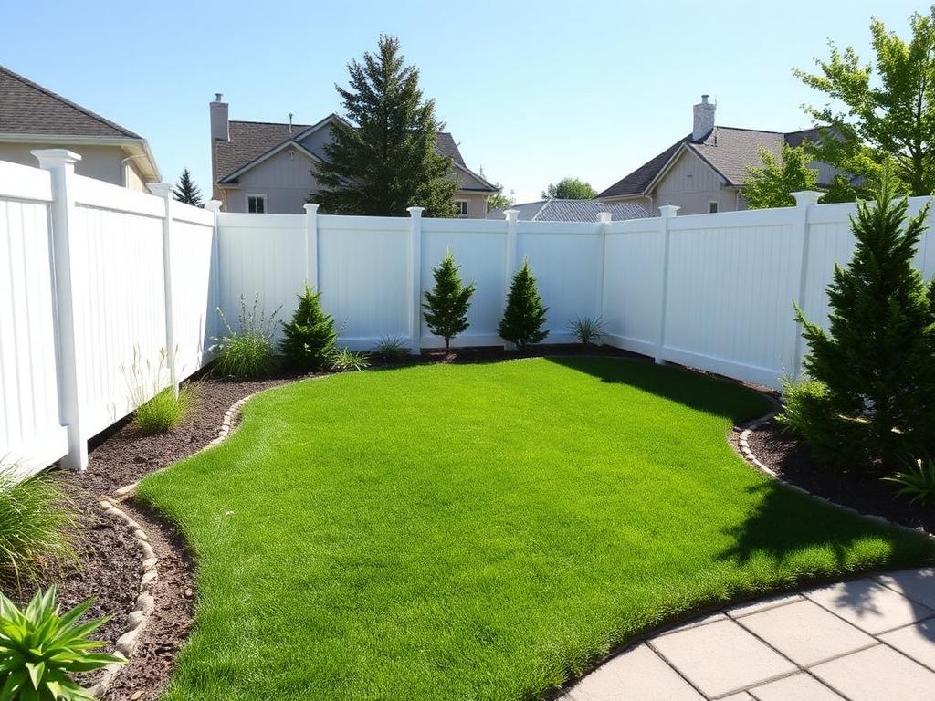 New white vinyl privacy fence around a manicured backyard