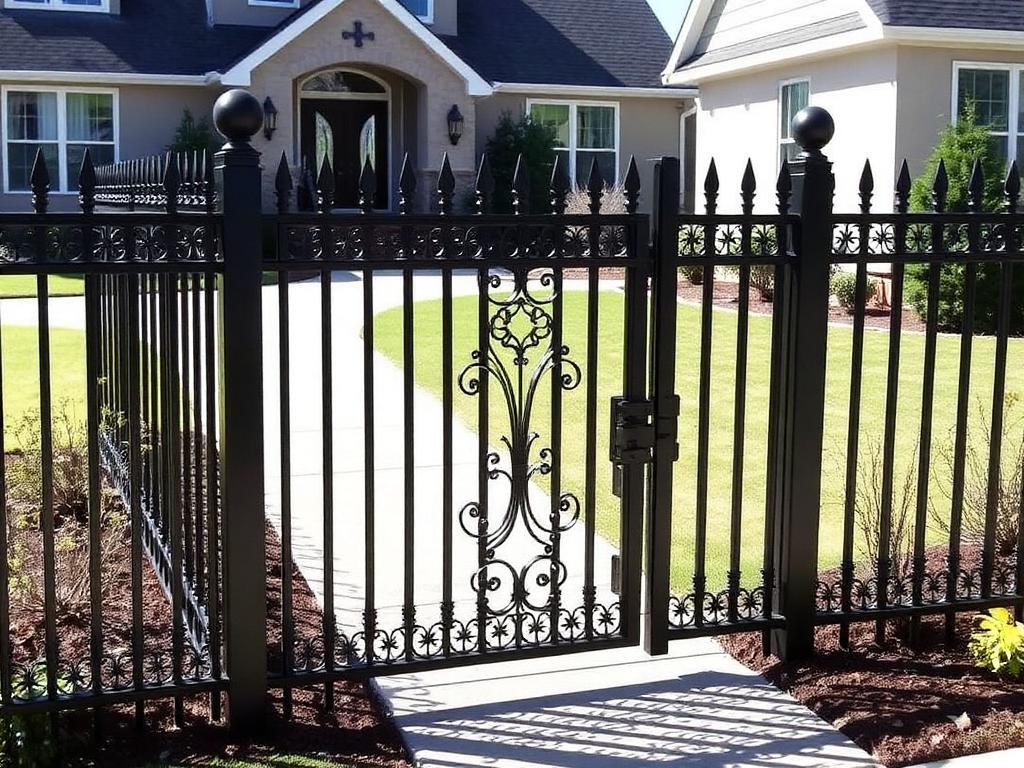 Black ornamental aluminum fence with decorative gate at a home