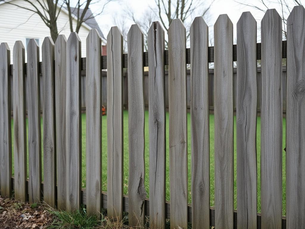 Old weathered leaning wooden fence with cracked pickets before replacement