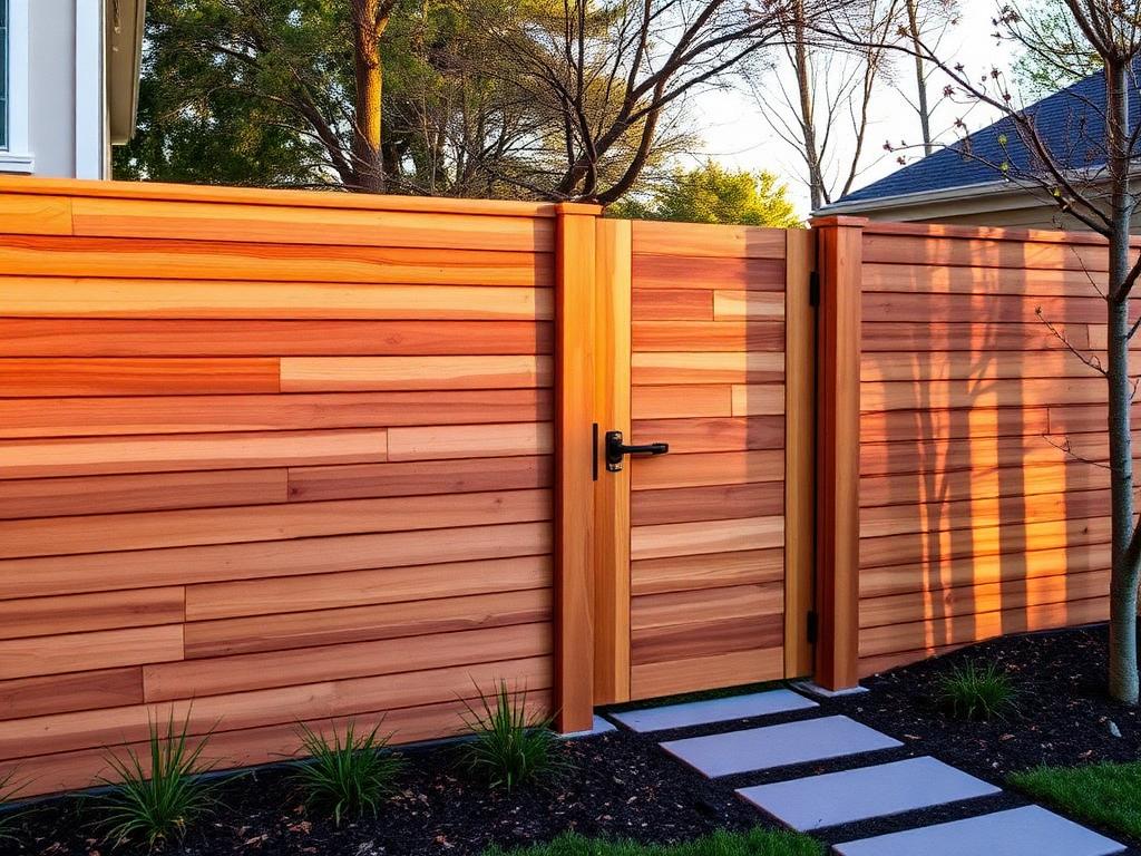 Freshly stained horizontal slat wood fence with modern gate after rebuild