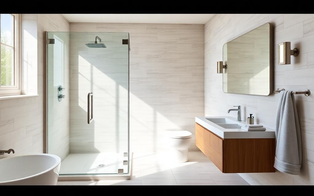 Fully remodeled bathroom with new tile, vanity, and lighting
