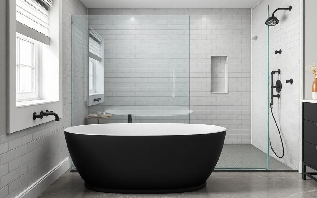 Walk-in glass shower and modern tub installation
