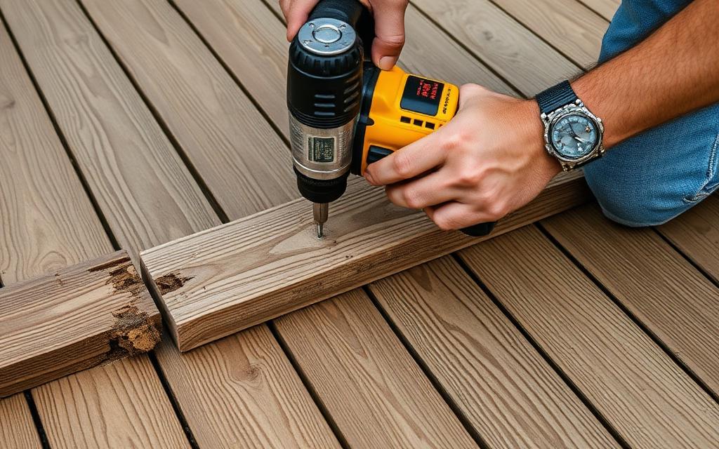Contractor replacing worn deck boards with new composite decking