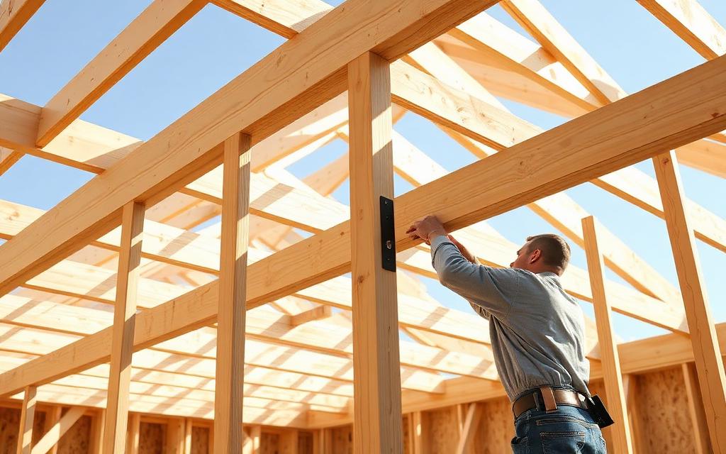 Workers installing structural framing and footings for a deck