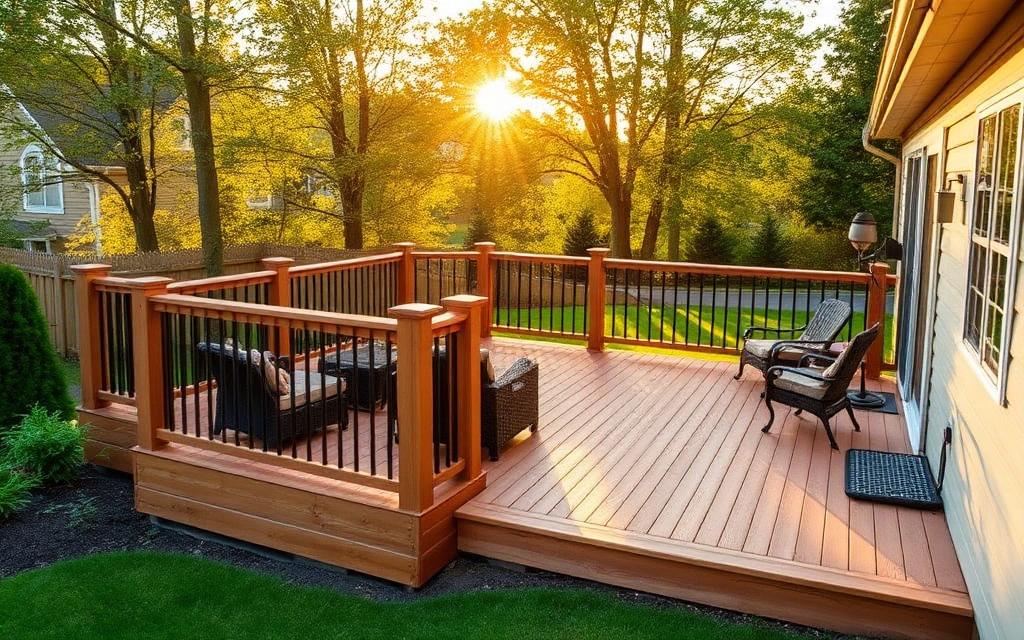 Crew building a new custom wood deck in a backyard