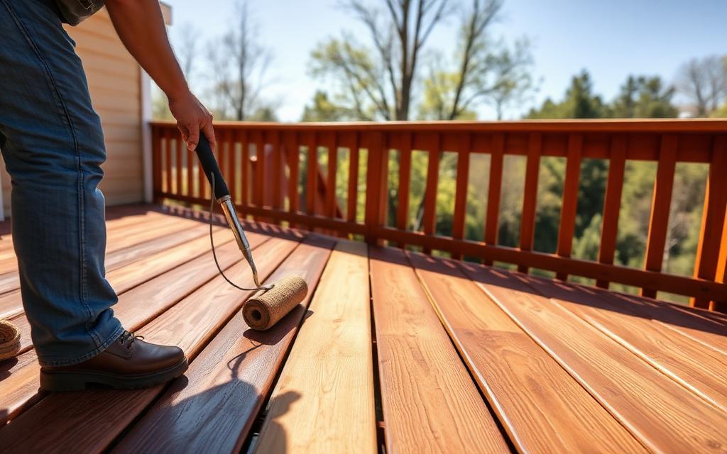 Worker applying protective stain and sealant to a wood deck
