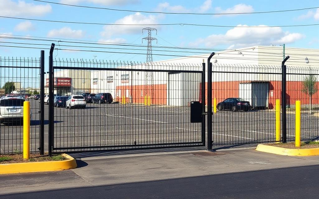 Crew installing a large commercial property line fence