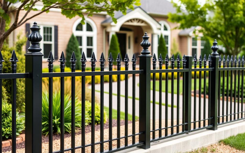 Black ornamental aluminum fence being installed around a front yard