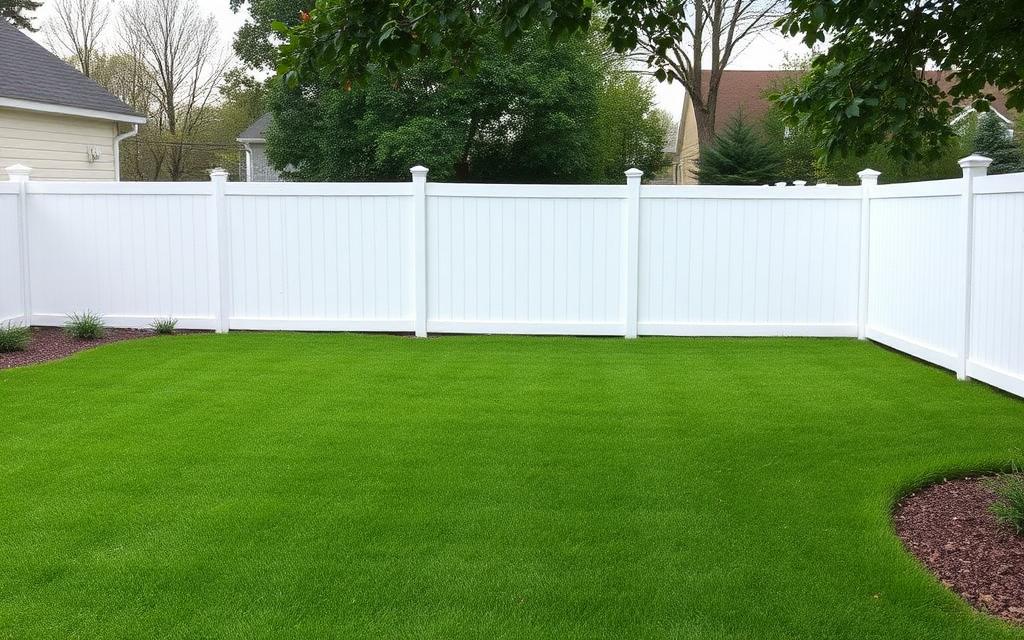 Workers installing white vinyl fence panels along a backyard