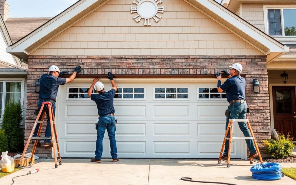 Crew installing a new garage door on a home during a fresh build or upgrade