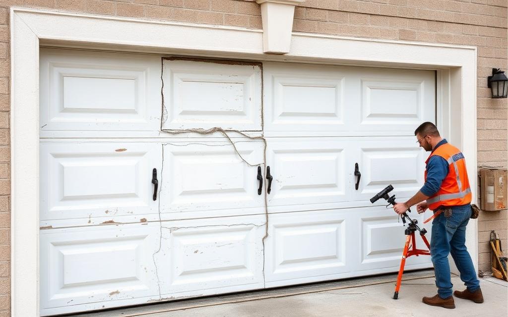 Old garage door being replaced with a modern, secure, energy-efficient door
