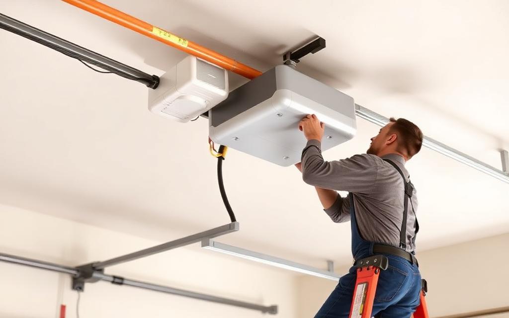 Technician repairing a garage door opener motor and sensors