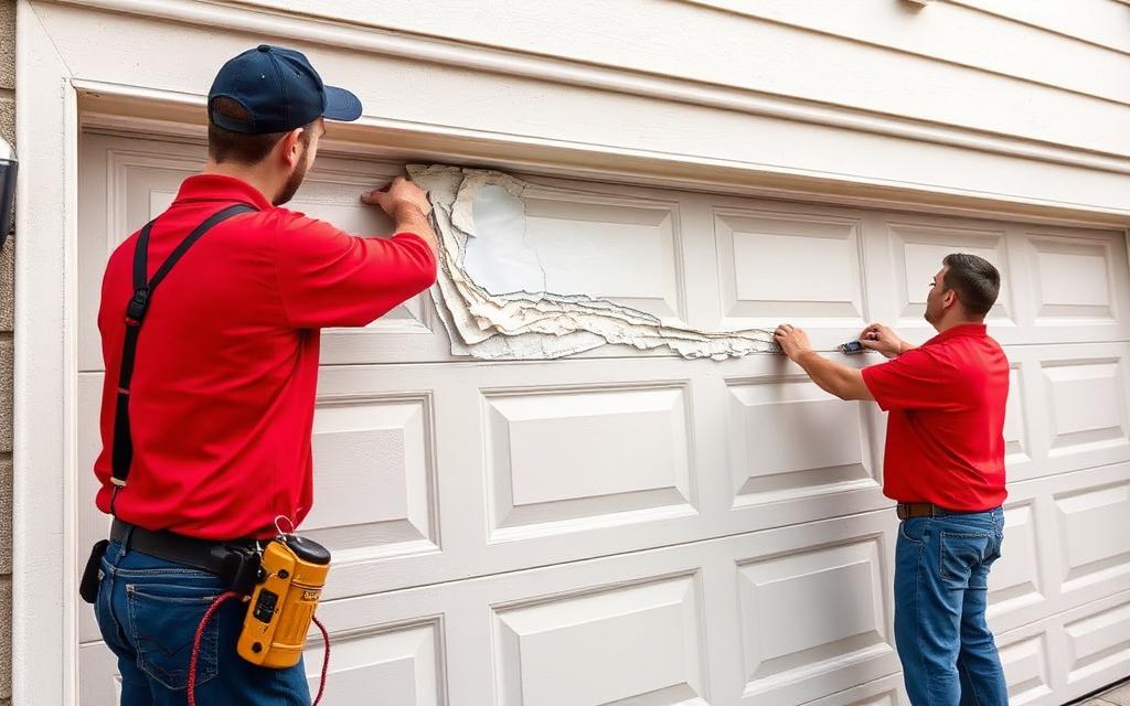 Technician repairing a dented garage door panel and cables
