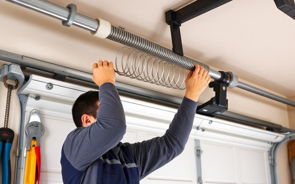 Technician safely replacing a broken garage door torsion spring