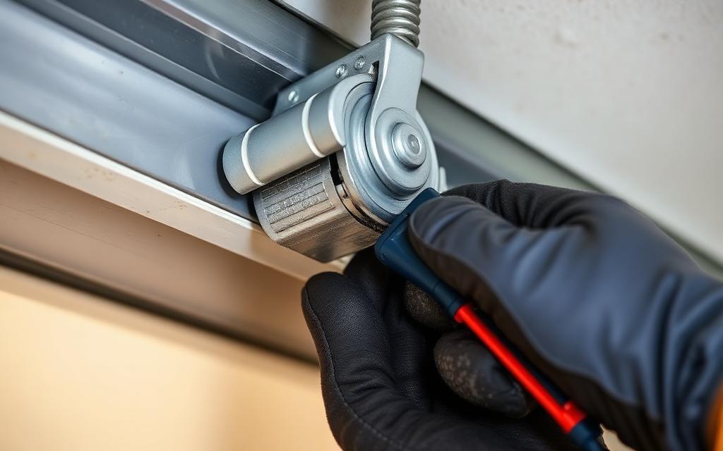 Technician realigning a garage door track and rollers