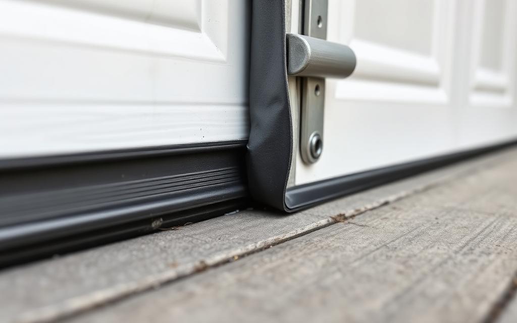 Technician installing new garage door weatherstripping and seals