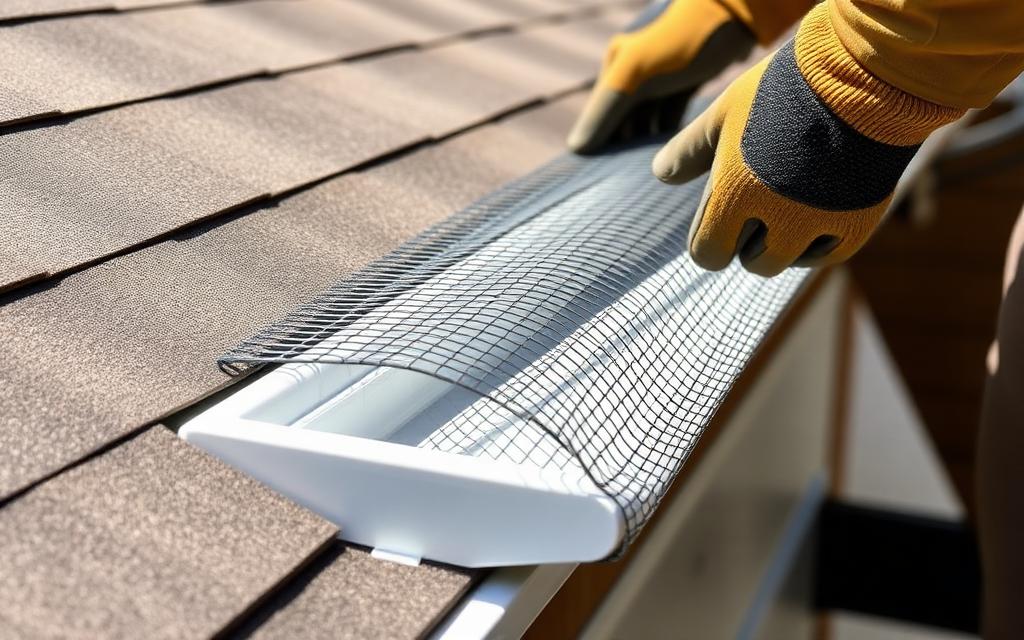 Close-up of a gutter guard installed to keep out leaves and debris