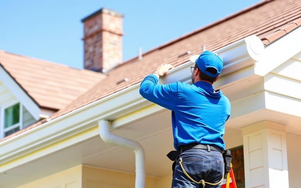 Worker installing seamless gutters along a home roofline