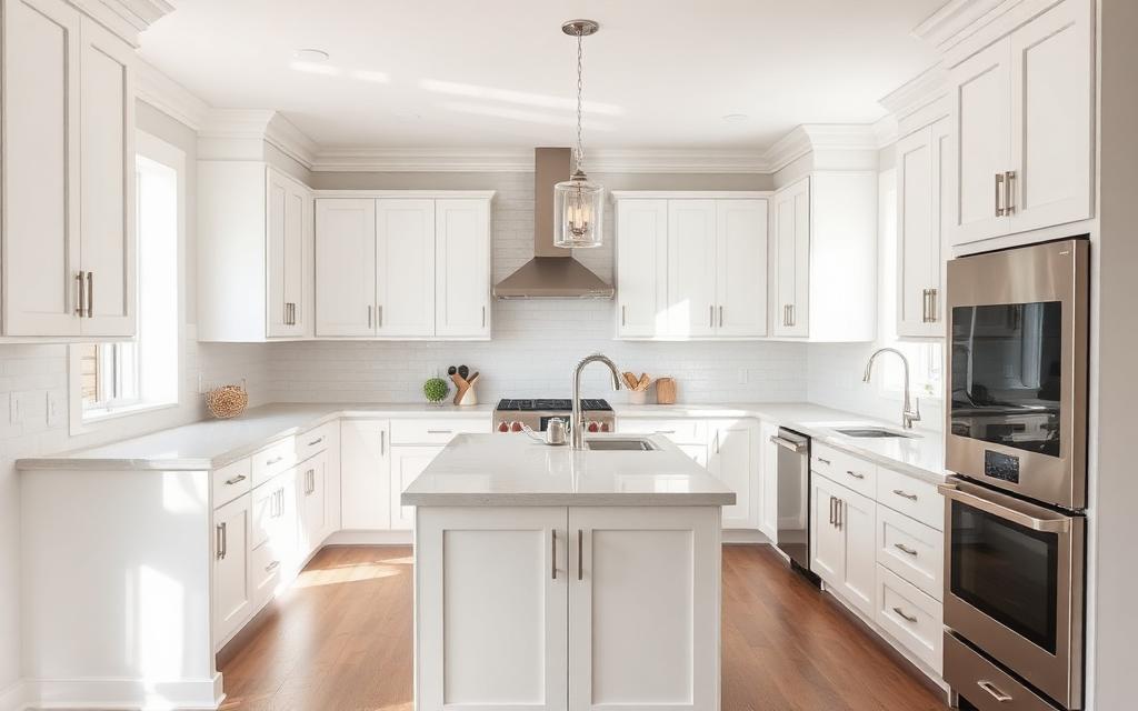 Fully remodeled kitchen with new cabinets, countertops, island, and lighting