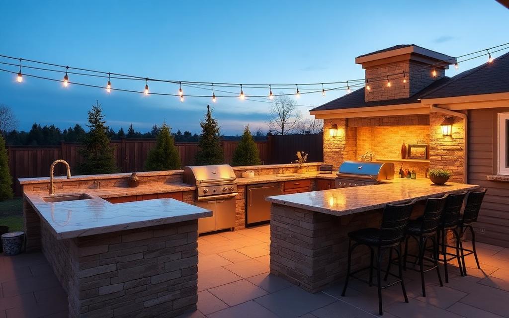 Crew building a custom outdoor kitchen with built-in grill and stone countertops