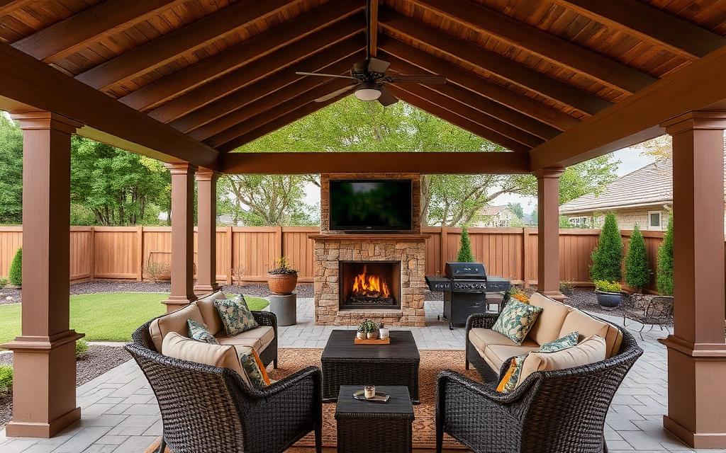 Finished backyard outdoor living space with kitchen, patio, and string lighting