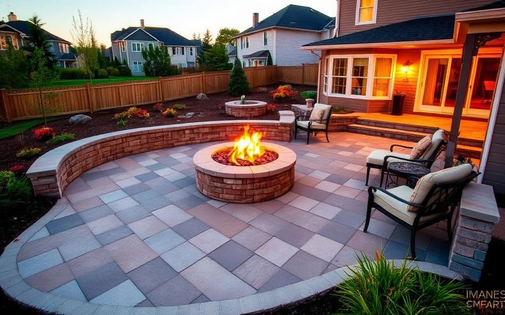 Workers installing a paver patio with a stone seating wall and fire feature