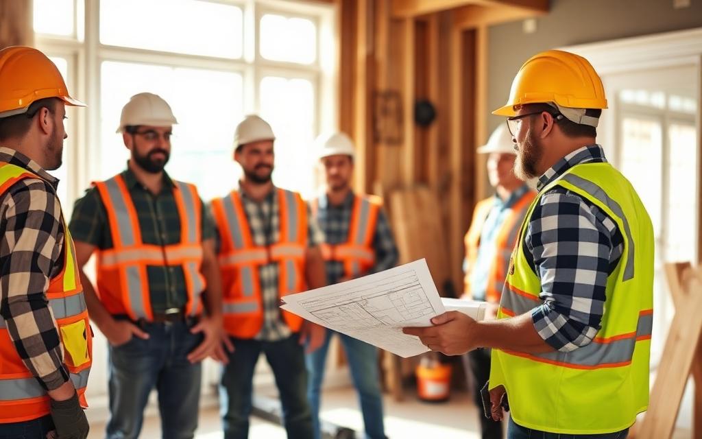 General contractor coordinating trades and reviewing project plans on site