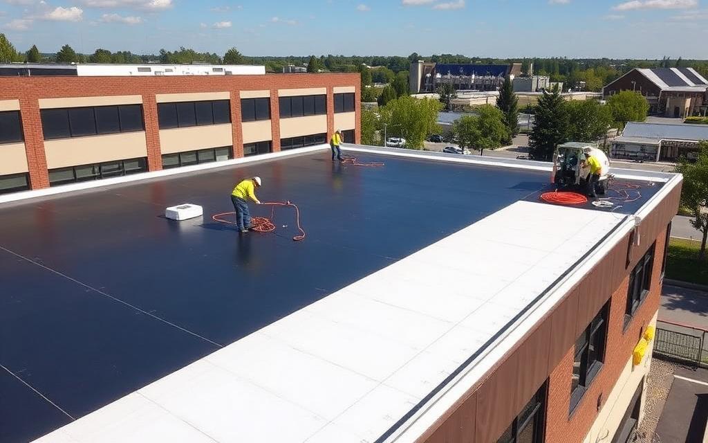 Crew working on a commercial low-slope roof