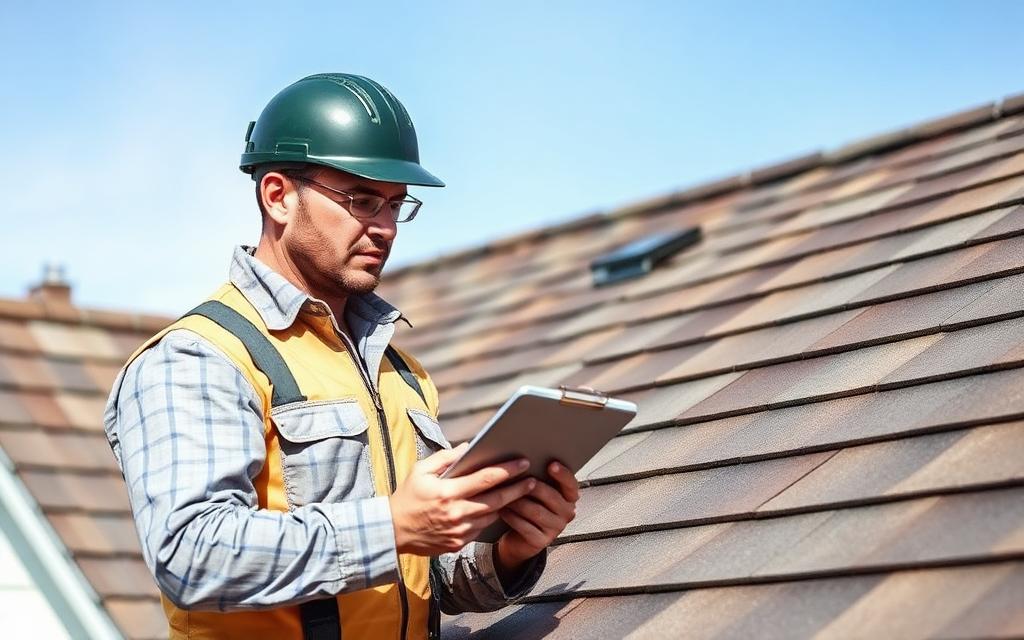 Roof inspector examining shingles with a clipboard