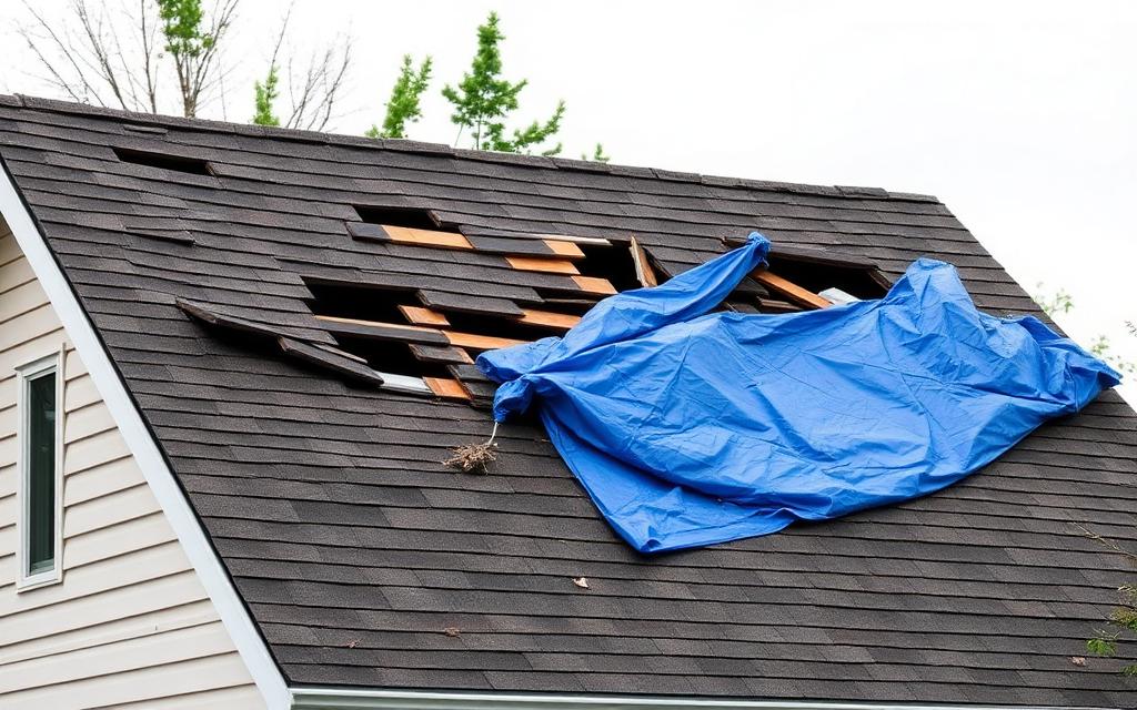 Storm-damaged roof covered with an emergency tarp