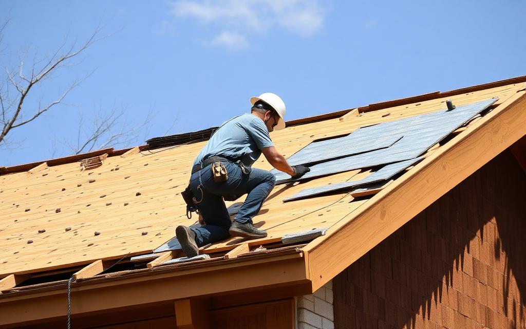 Roofing technician assessing structural damage on a roof