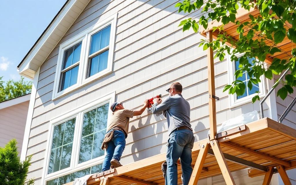 Crew installing light gray fiber cement siding on a suburban home