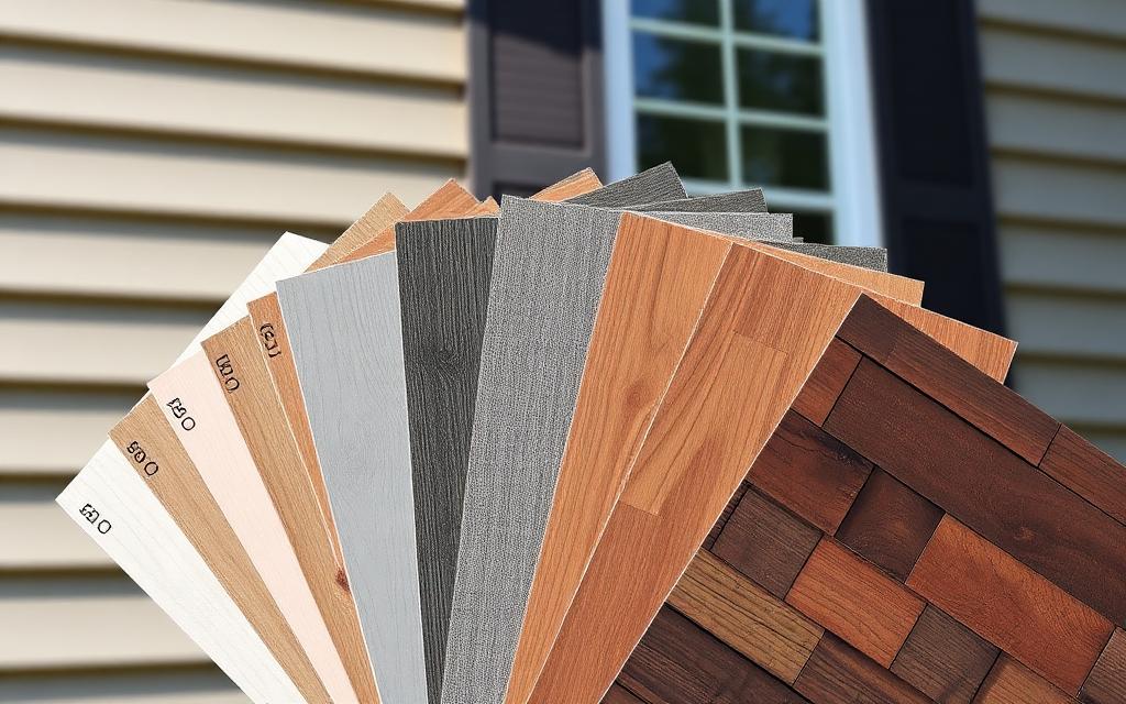 Sample panels of vinyl and fiber cement siding in different colors