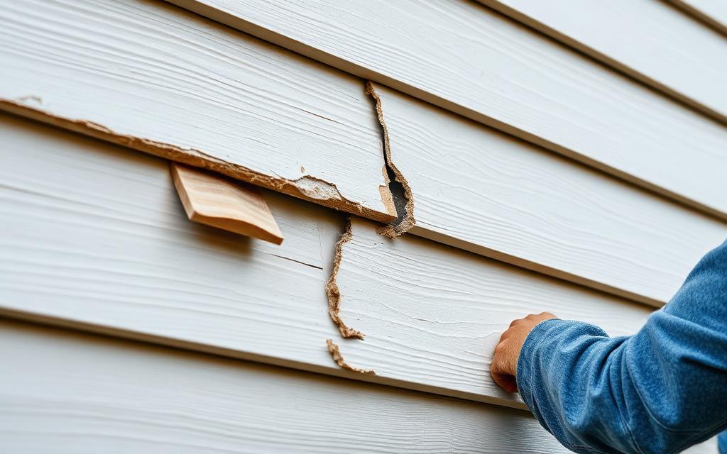 Worker replacing damaged siding panels on a house exterior