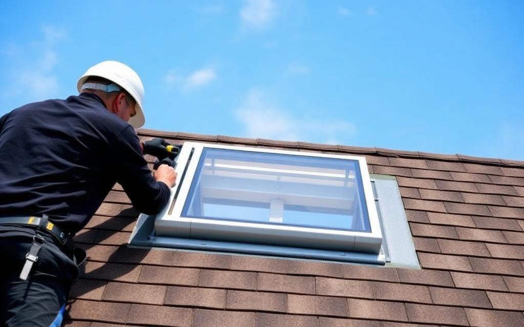 Crew installing a new skylight on a residential roof