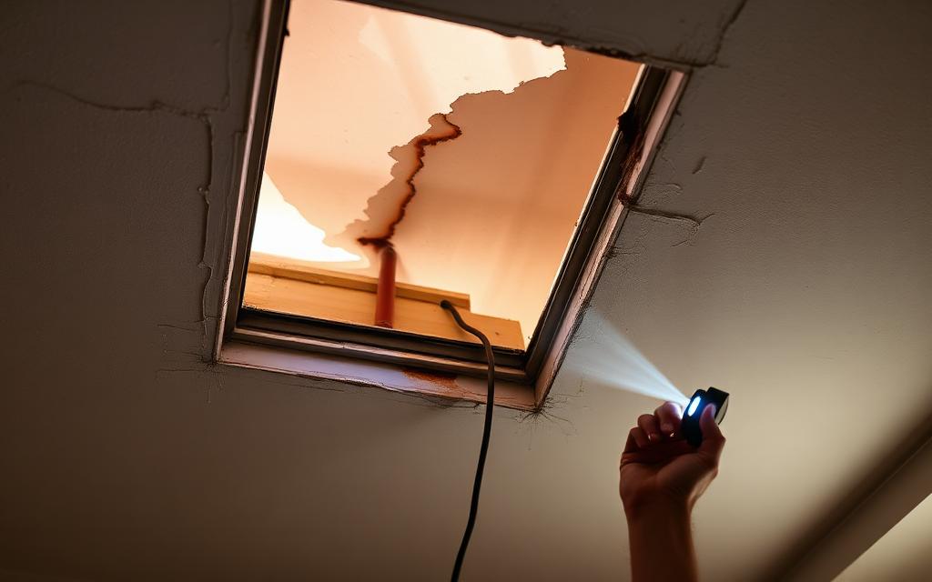 Roofer repairing flashing and seals around a leaking skylight